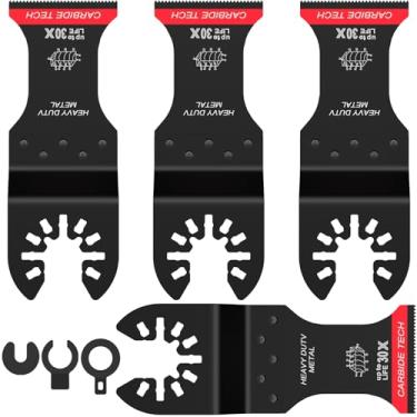 Imagem de QENWKXZ Conjunto de 4 lâminas de serra oscilante de carboneto universal de lâminas multiferramentas oscilantes multiuso, lâminas de ferramentas oscilantes de corte com 3 adaptadores espaçadores para