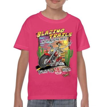 Imagem de Camiseta juvenil Blazing Trails Skeleton Biker Riding Motorcycle Dry Heat Highway Cowboy Skull Cactus Southwest Kids, Rosa choque, GG