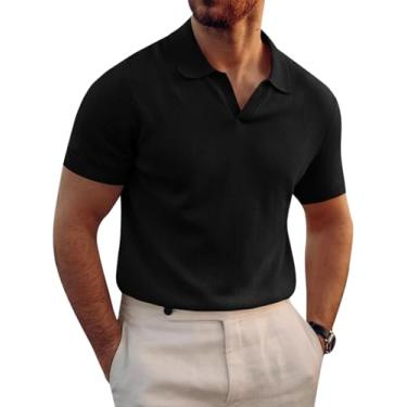 Imagem de Runcati Camisa polo masculina de malha muscular manga curta gola V stretch casual slim fit vintage canelada camiseta de golfe, Preto, GG