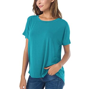Imagem de Herou Camiseta casual de verão manga curta alta baixa solta camisetas básicas para mulheres, Azul-petróleo, P