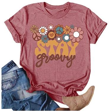 Imagem de Camiseta feminina Stay Groovy com estampa floral fofa hippie anos 70 camiseta verão, rosa, GG