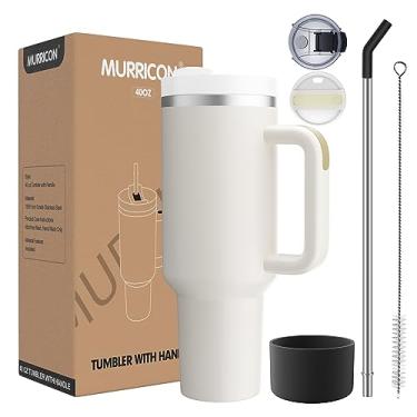 Imagem de MURRICON Copo de 1,18 l com alça e canudo, copo de quencher a vácuo reutilizável com tampa, caneca de viagem isolada de aço inoxidável, para café e bebidas (marfim)