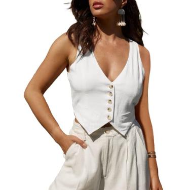 Imagem de Mina Self Colete feminino de linho de verão 2024 sem mangas, leve, gola V, cropped casual, para escritório, blazer, Branco, Medium