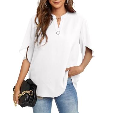 Imagem de Funlingo Tops femininos de verão camisas casuais de manga curta gola V chiffon blusa elegante tops, 01 Branco, 3G