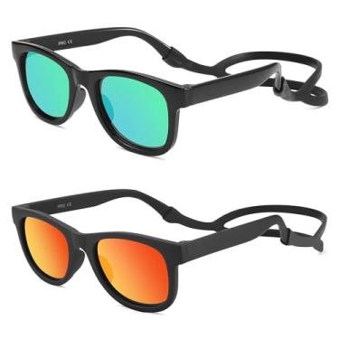 Imagem de LIU·WEN Óculos de sol polarizados para bebês com alça de silicone – Flexível para bebês recém-nascidos e crianças de 0 a 18 meses, B5 preto/verde espelhado + cinza fosco/laranja, Medium
