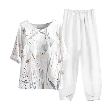 Imagem de Roupas de verão para mulheres 2024 na moda 2 peças roupas de férias de linho botões com estampa floral e conjunto de perna larga, B, XXG