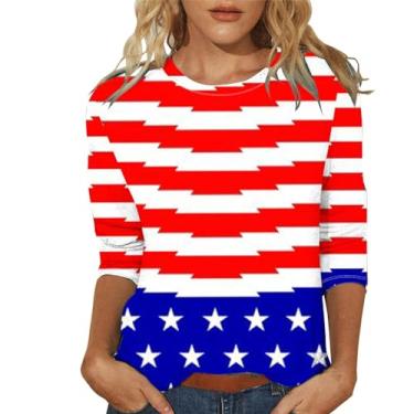Imagem de 4th of July Camisetas femininas 4th of July Shirts Star Stripes 3/4 Sleeve Fourth of July Shirts Loose Casual Blusas, B - vermelho, G
