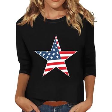 Imagem de 4th of July Camisetas femininas 4th of July Shirts Star Stripes 3/4 manga bandeira americana blusas soltas casuais, Preto #2, G