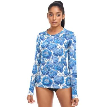 Imagem de Camiseta Rash Guard feminina com FPS 50+, manga comprida, rashguard para caminhadas, praia casual, Flores de peônia azul, GG