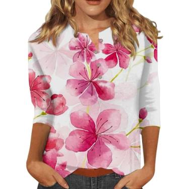 Imagem de Camisetas femininas com gola V e manga 3/4, casuais, básicas, de verão, estampa floral, botões, solta, túnica, #01 - Rosa quente, M