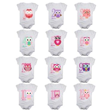 Imagem de Kit 12 Body Bebê Calupa Mesversario Manga Curta Corujinhas 1 A 12 Meses Feminino-Feminino