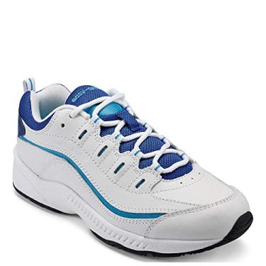 Imagem de Easy Spirit Tênis feminino de caminhada de couro Romy, Branco 146/azul, 7.5 Wide