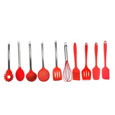 Imagem de Jogo Kit Utensilios Para Cozinha Em Silicone Vermelho 10 Peças Tapete 