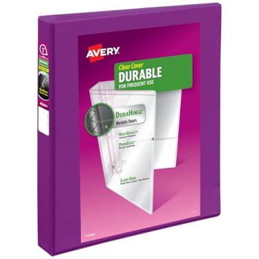 Imagem de Avery Fichário durável com 3 anéis, anéis inclinados de 2,5 cm, capacidade para 250 folhas, DuraHinge, lombada de 3,5 cm de largura, capas transparentes personalizáveis e lombada, 1 fichário roxo