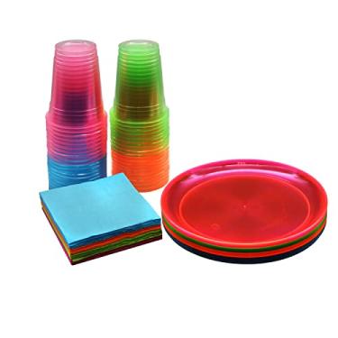 Imagem de Party Essentials Conjunto de artigos de festa/kit de luz negra UV que brilha no escuro, pratos de 23 cm, copos de 340 g, guardanapo de papel, 128 peças, neon sortido