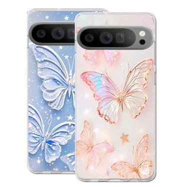 Imagem de B-wishy Pacote com 2 capas bonitas e elegantes com glitter de borboleta para Google Pixel 9 Pro XL TPU macio capa protetora de luxo à prova de choque para adultos mulheres meninas para Google 9 Pro XL