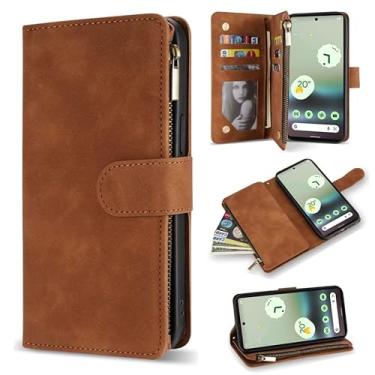 Imagem de ZZXX Capa carteira para Google Pixel 6A com compartimento para cartão com bloqueio de RFID de couro sintético macio premium com zíper e alça de pulso capa protetora para Pixel 6A (15,5 cm marrom)