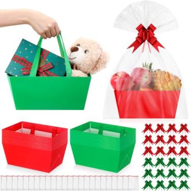 Imagem de 24 cestas de Natal para presentes, kit de cestas de presente vazias com 24 sacos de plástico e 24 laços de puxar, pacotes de presente faça você mesmo, 24 x 16 x 11 cm, cesta de papelão para