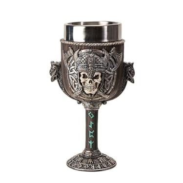 Imagem de Pacific Giftware Cálice de caveira de guerreiro viking, resina de 8 floz e cálice de aço inoxidável com símbolos nórdicos e design de escudo viking, perfeito para vinho e decoração de casa exclusiva