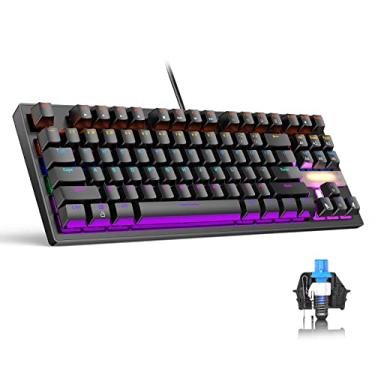 Imagem de Anivia Teclado mecânico para jogos verdadeiro, teclado USB clássico com fio com interruptores azuis, teclado impermeável de 87 teclas para PC, laptop, PS4, PS5 Xbox, RGB arco-íris vermelho retroiluminado