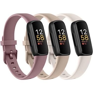 Imagem de Pacote com 3 pulseiras de silicone para Fitbit Inspire 3 pulseiras de substituição para mulheres e homens, pulseiras esportivas ajustáveis macias à prova d'água compatíveis com Fitbit Inspire 3 Fitness Tracker (não para Inspire HR/Inspire1) (violeta fumê, chá de leite + luz das estrelas)