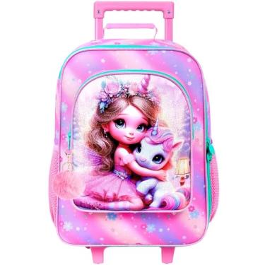 Imagem de Mala infantil com rodas para meninas e meninos, bagagem de mão com rodinhas para crianças pequenas, Bagagem rosa com estampa UV com unicórnio abraçando menina, One Size, Bagagem para meninas