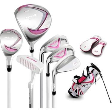 Imagem de PGM Clube de golfe júnior, conjunto completo de tacos de golfe NSR canhoto para crianças de 3 a 5 anos, 6 peças de tacos de golfe juvenis com bolsa de suporte e 2 capas de cabeça para meninos e