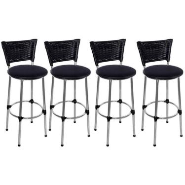 Imagem de Kit 4 Banquetas Altas Cromada com Encosto Junco Preto Assento Preto