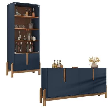 Imagem de Aparador Buffet 170 Com Cristaleira Lizz Pés Madeira Maciça Azul Cobalto/cedro Azul