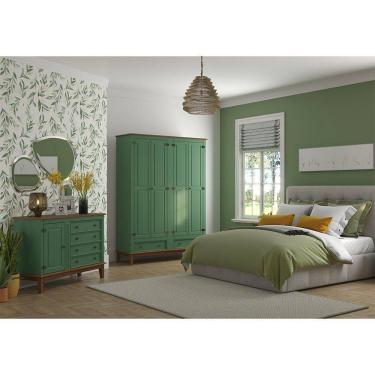 Imagem de Conjunto Guarda-roupa Rústico 4 P E 2 G E Cômoda 4 G + 1 P De Madeira Maciça E Mdf Verde