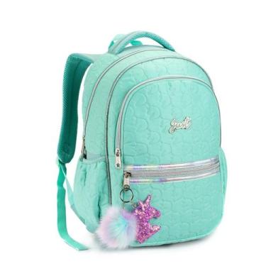 Imagem de Mochila Feminina Escolar Passeio Pompom Chaveiro Denlex, Verde