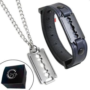Imagem de Kit Colar Corrente Navalha Pulseira Couro Lâmina Barbearia - GRANADO A