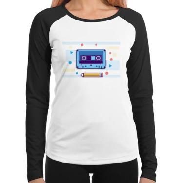 Imagem de Baby Look Raglan Fita Cassete Manga Longa - Foca na Moda, Branco, Pret