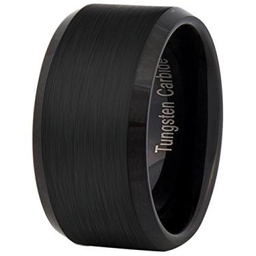 Imagem de Fashion Month Anel masculino preto de carboneto de tungstênio de 12 mm, aliança de noivado para casamento, acabamento fosco, borda chanfrada, ajuste confortável, Ouro branco, aço inoxidável, platina,