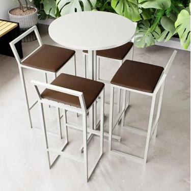 Imagem de Conjunto Mesa Alta Bar Bistrô Redonda Branca 4 Banquetas Confort Estofado Industrial White (Marrom)