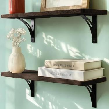 Imagem de Prateleiras marrons de aço reforçado para parede – fácil de instalar, modelo e vídeo incluídos – Prateleiras de madeira rústica montadas na parede para banheiro, prateleiras de parede para sala de