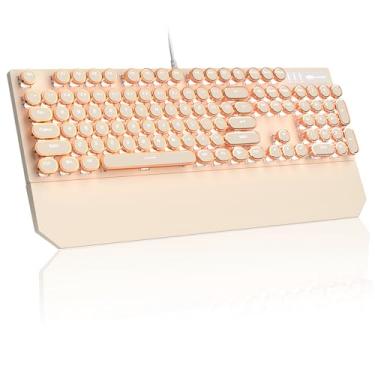 Imagem de Teclado mecânico MageGee Máquina de escrever, tecla redonda creme, retroiluminação de LED branco, com fio, descanso de pulso magnético, jogos, escritório, para Windows, laptop – interruptores azuis