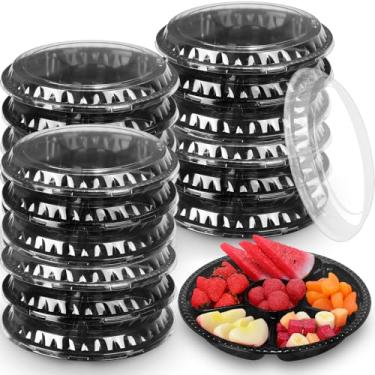 Imagem de Rtteri Bandeja de servir redonda dividida com tampa, bandeja de plástico para aperitivos, travessas de plástico com 6 compartimentos, pratos descartáveis com tampas, recipientes de armazenamento de