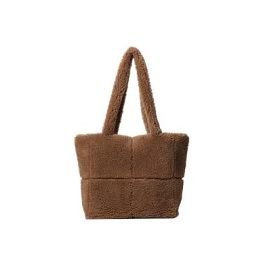 Imagem de CORIOS Bolsa feminina de lã de cordeiro de pelúcia macia bolsa de ombro fofa bolsa fofa com alça superior, Café, Large