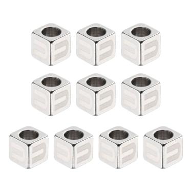 Imagem de HARFINGTON 10 peças de contas de aço inoxidável letra do alfabeto U cubo prata metálico grande quadrado contas de dados de metal para joias, pulseiras, colares e brincos