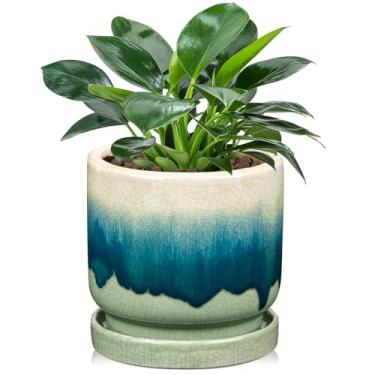 Imagem de Oairse Vaso de cerâmica para plantas, vaso de 14 cm para plantas, vaso pequeno com orifício de drenagem e pires gradiente azul-petróleo escuro Inoor Vaso de flores para suculentas, cactos, cobras,