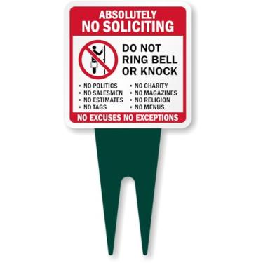 Imagem de SmartSign Placa de estaca No Soliciting Do Not Ring Bell Or Knock No Excuses Yard Stake, 15 x 30 cm, placa composta de alumínio de 120 mil com sobretudo para fora, placa quadrada com estacas de solo