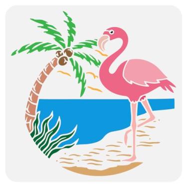 Imagem de FINGERINSPIRE Estêncil de pintura de flamingo 30 x 30 cm modelo de palmeira grande de plástico padrão de árvore de pássaro estêncil decorativo praia coco modelo de planta estêncil tema animal para