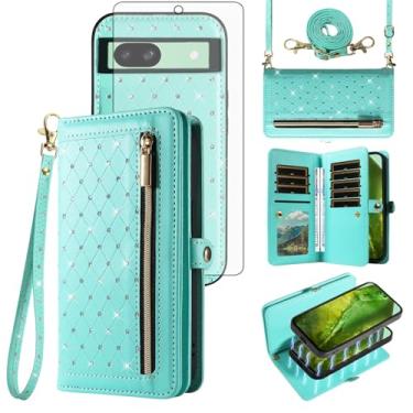 Imagem de Asuwish Capa de celular para Google Pixel 8A 5G carteira com zíper destacável capa magnética com protetor de tela de vidro temperado alça transversal Bling Glitter Flip porta-cartão de crédito Pixel8A