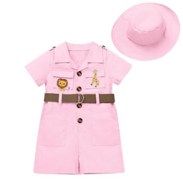 Imagem de Roupa de safári para bebês selvagens de um aniversário, macacão de safári de manga curta com chapéu, roupa de guarda de zoológico infantil, Rosa claro, 6-12 Meses