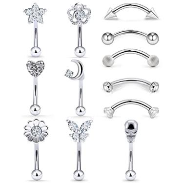 Imagem de Oufksiyy 16G Rook Piercing Jewerlry Piercing de sobrancelha de aço cirúrgico joia flor coração CZ forma de lua anéis de sobrancelha olhos de cobra brincos para mulheres homens retentor de língua, barra prata, Metal Cristal, Zircônia cúbica