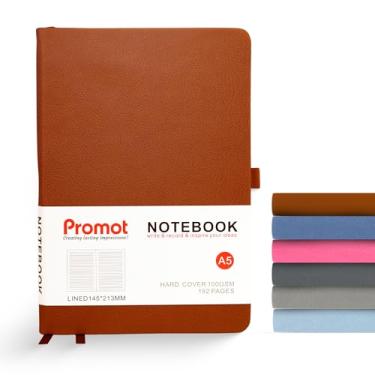 Imagem de Promot Caderno pautado - A5 marrom 192 páginas forradas 20 x 14 cm - Caderno de couro de capa dura para escrever - papel grosso 100 GSM, couro PU, laço para caneta, bolso interno, faixa elástica