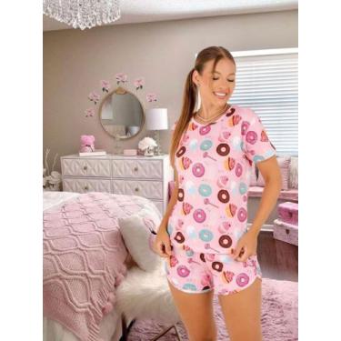 Imagem de Pijama feminino conjunto blusa manga curta e short desenho Donuts linh