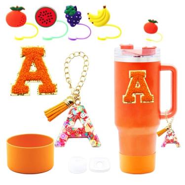 Imagem de Liangang Conjunto de acessórios de copo Stanley laranja de 9 peças, compatível com copo Stanley de 850 g 1,134 g, incluindo 4 peças de capa de palha e bota de frutas, tampa à prova de derramamento,