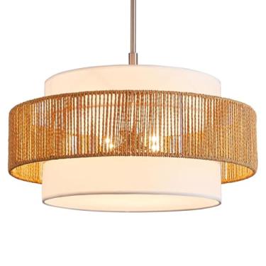 Imagem de TELAFLY Lustres De Tambor De Vime De 20'' Farmhouse, Luminárias, Pendentes Boho De 5 Luzes, Iluminação Rústica Tecida À Mão Para Sala De Jantar, Ilha De Cozinha, Sala De Estar, Quarto, Acabamento Em